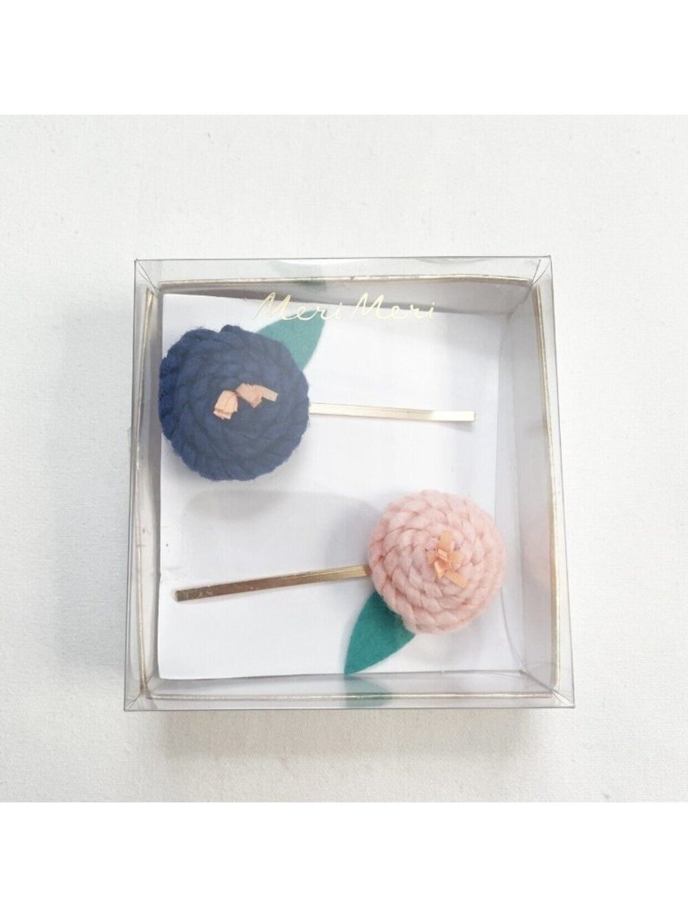 Meri Meri Wool Flower Hair Clips In Pink & Navy With Leaf Accents Set Of 2